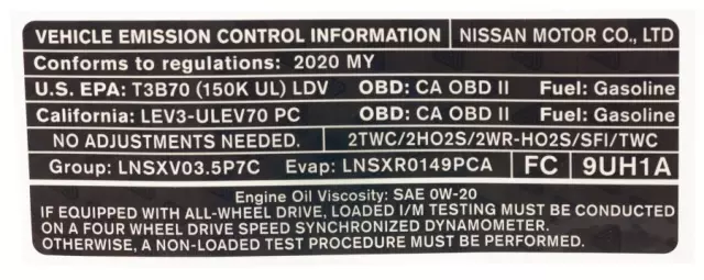 Emission Label - Nissan (14805-9UH1A)